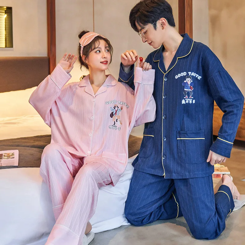 2 Pieces Set Women's Pajamas Set Cotton Sleepwear Suit Man's Pijamas Set Male Sleep Tops Pant Nightwear for Autumn Spring Mujer