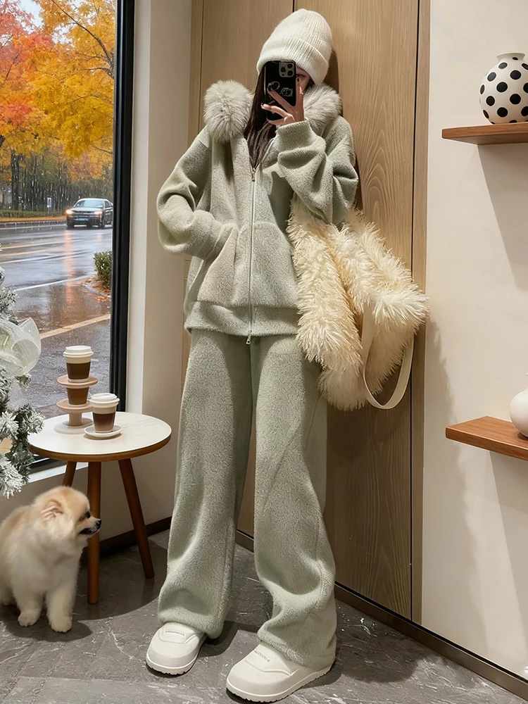 Modny, wyszczuplający damski komplet z dużym futrzanym kołnierzem, casualowy modny sweter, kurtka, szerokie nogawki, dwuczęściowy zestaw zimowy.