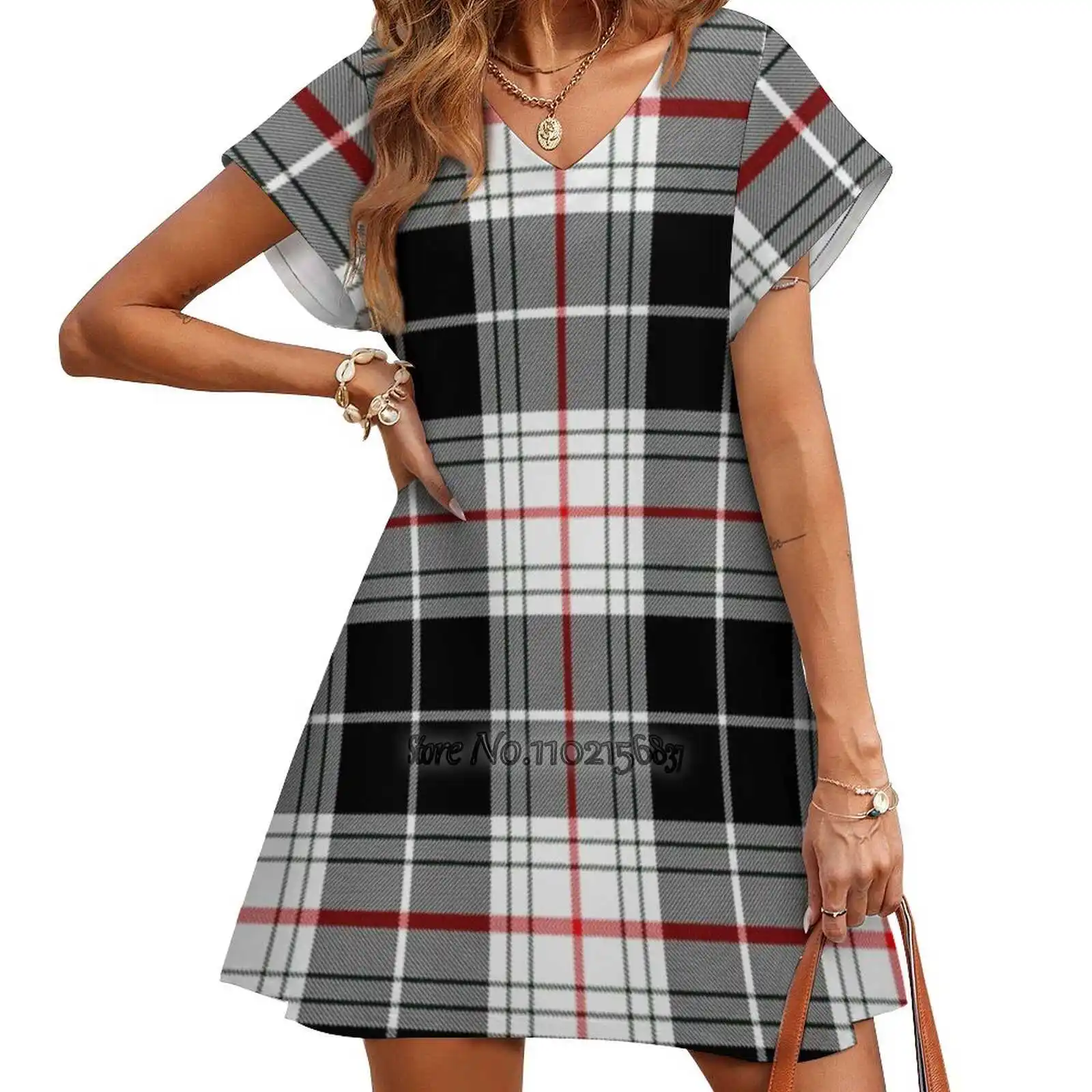 

St Piran Dress Tartan Loose V-Neck Skirt Sexy Short Sleeve Skirt Loose A-Line Dress Light And Breathable Dress Tartan Tartans