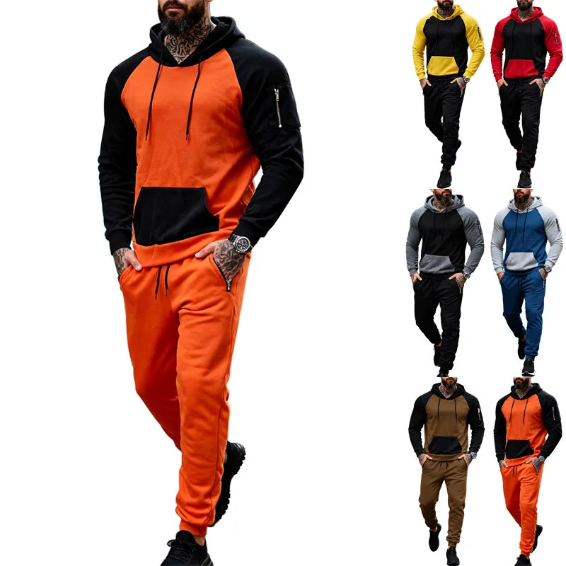 

Patchwork Men's Hooded Sweatshirt and Sweatpants Casual 2 Pcs Suits Leisure Jogging Sports Set Man Streetwear Tracksuit