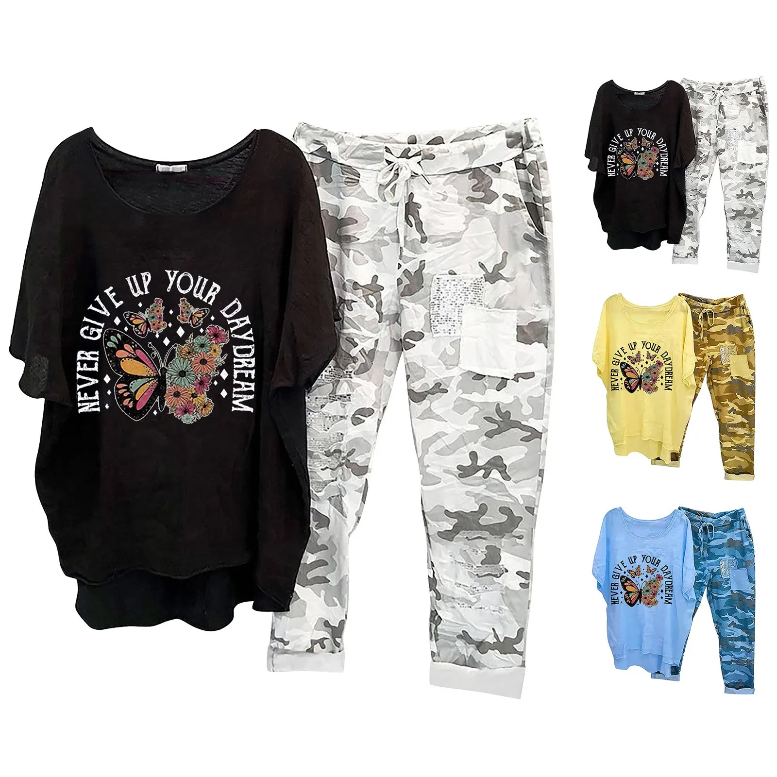 Two Piece Set Spring Summer Loose Women 1 Set T-shirt Pants Camouflage Drawstring Relaxed Fit Asymmetrical Outfit Streetwear