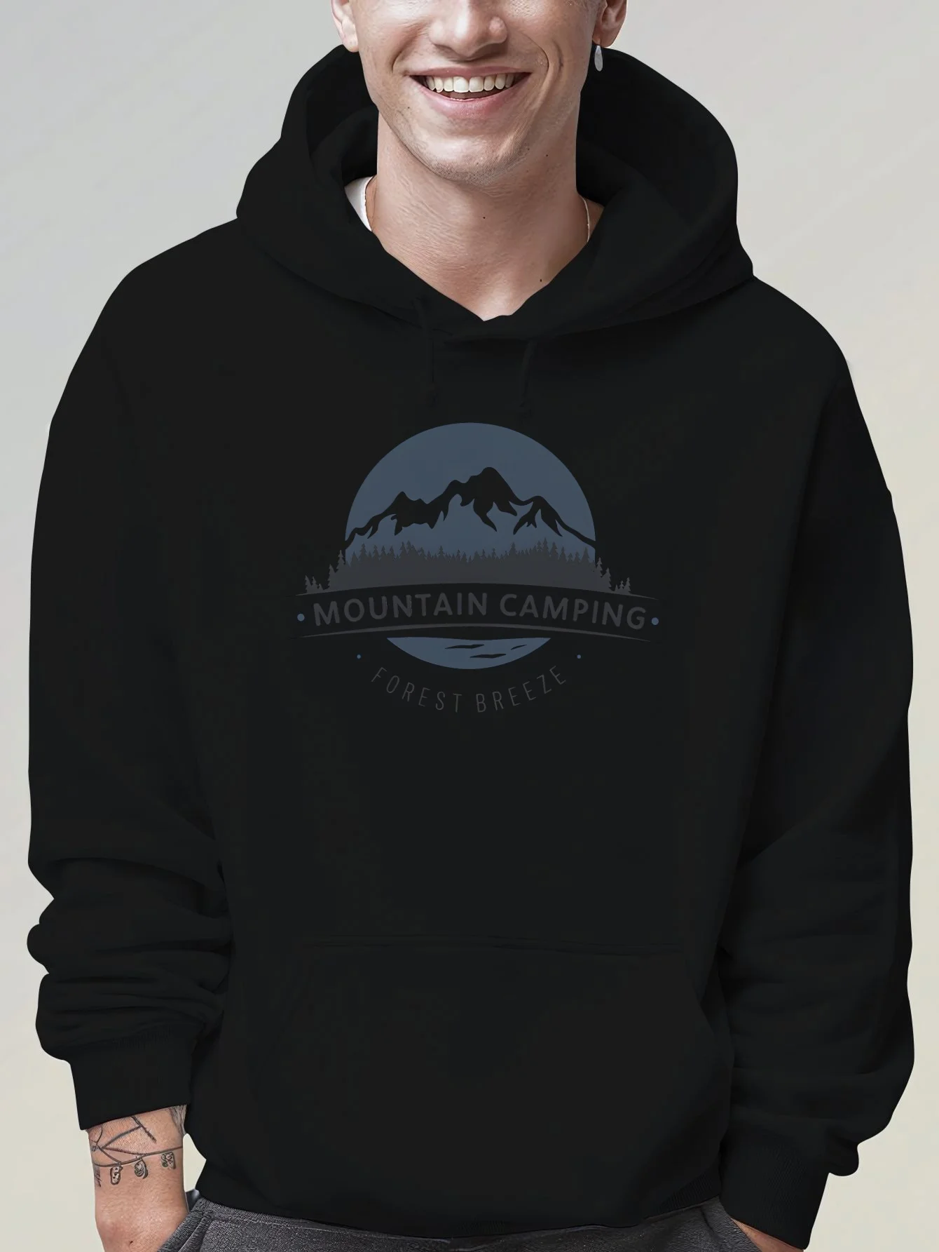 Men Mountain Camping Forest BreezePrint Hoodie OutdoorAdventure Hiking StreetwearPullover Hooded Sweatshirt Casual Black Hoodies
