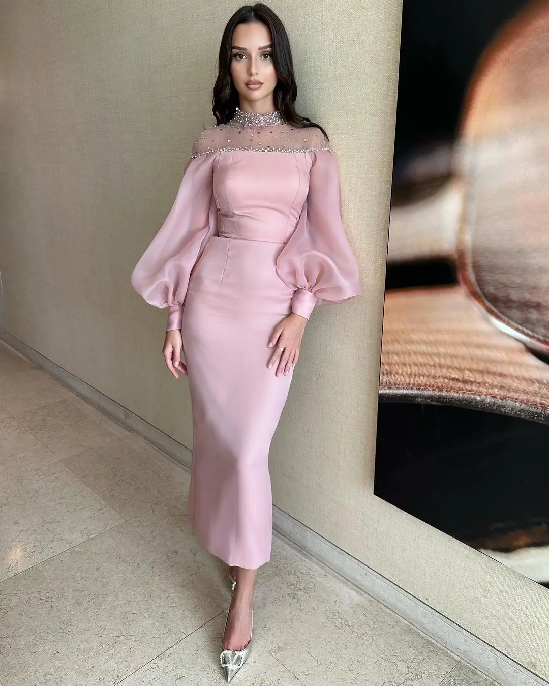 

Welove Beaded High Collar Prom Dresses for Women Ankle Length Mermaid Party Evening Gown Long Sleeves Robe De Cocktail Dress