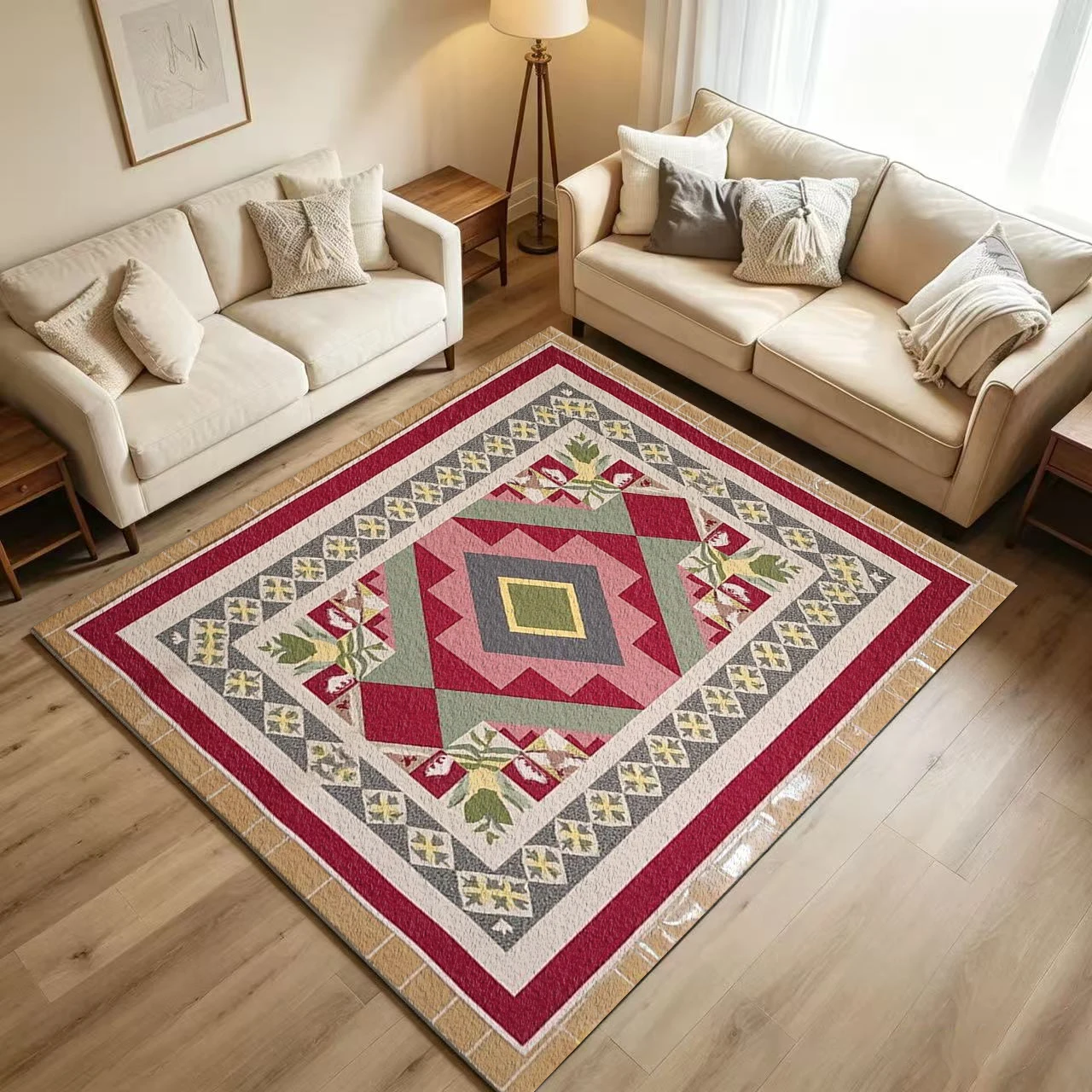 Vintage Patchwork Diamond Geometric Carpet Flooring Bohemian Color Block Border Printed Floor Rug for Household Living Space Home Ornament