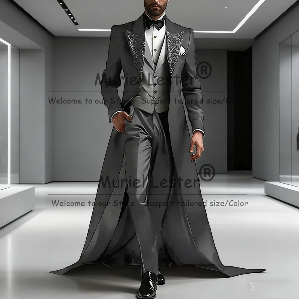 Luxury Suits Men For Wedding 3 Pieces Sets Sparkly Sequins Lapel Prom Tuxedos With Long Train Customized Man Banquet Party Dress