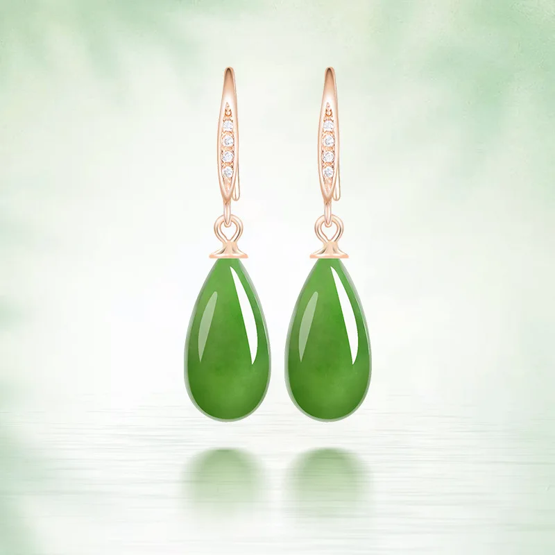 

Old Fashioned Natural Hotan Jade Jasper Water Drop Jade Earrings S925 Silver Inlaid High Quality Women's Jewelry New Drop Ship