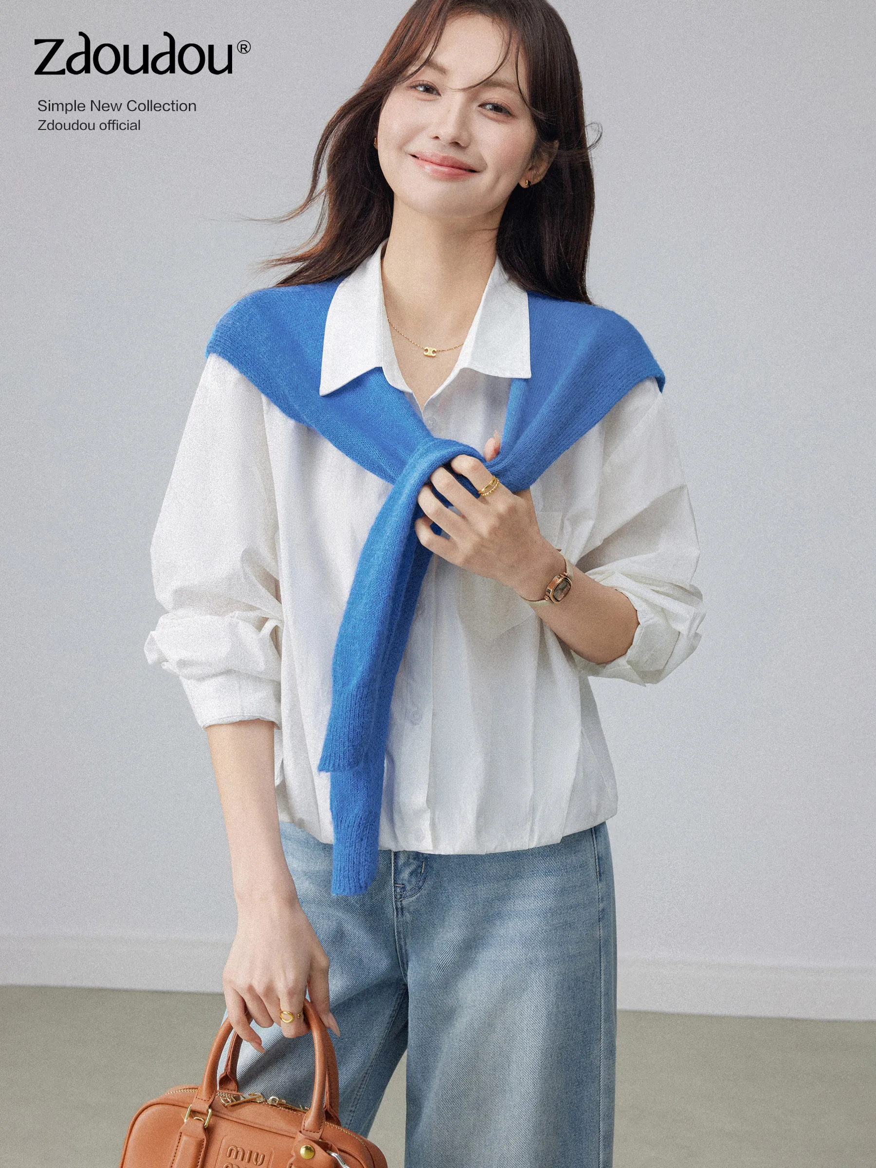 

White Long Sleeve Shirt Women's Spring Loose Feelings Combination Two-piece Set Top Casual Style Korean Style Shoulder Shawl