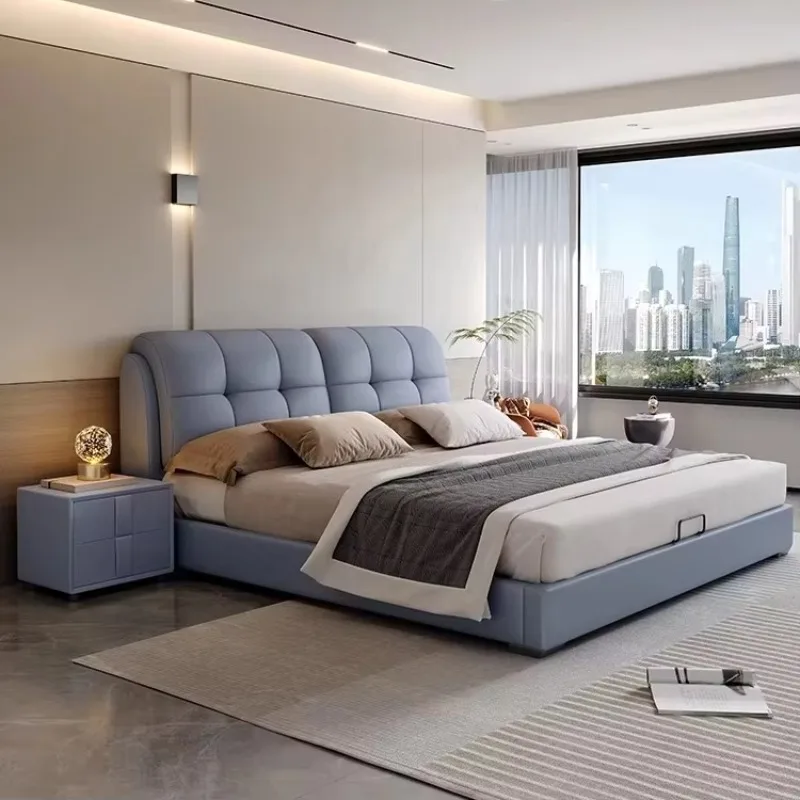 

Luxury Italian Design King-Size Bedroom Bed Modern Style Leather Tufted Headboard Wooden Frame Includes Storage Features