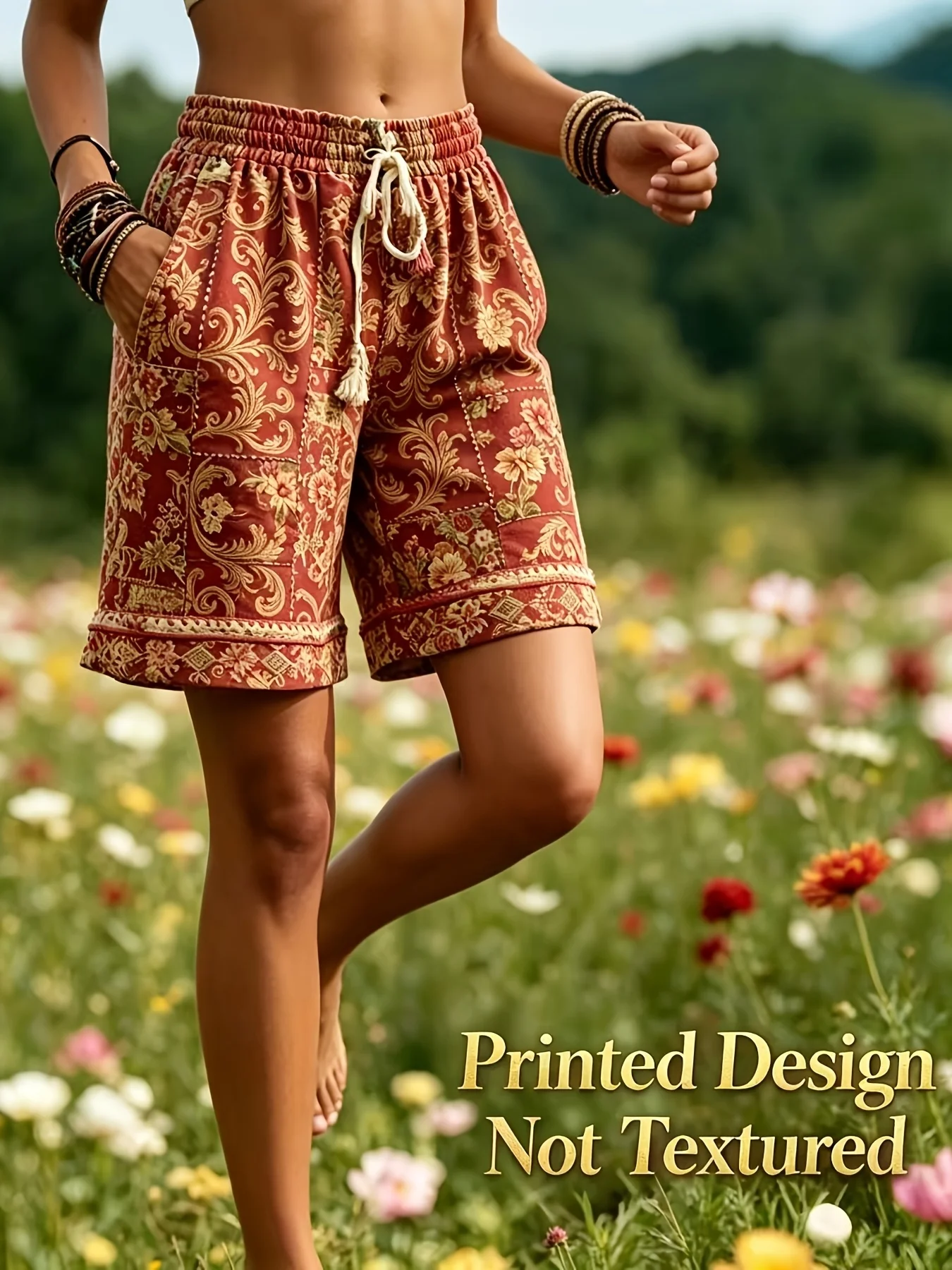 Spring and Summer Vintage Printed Bohemian Style Women's Shorts/For Vacation/Getaway by the Sea/Relaxed and Casual Style/Breathable and Comfortable Fabric/For Prairie/Desert/Camping/Parties/Daily Wear/Parties/Casual Outings/Multi-Scenario Adaptable