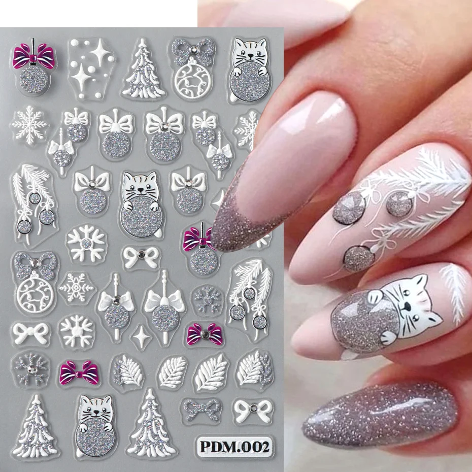 2pcs 5D Christmas Nail Art Stickers Glittery Snowflake Bells Sliders Cartoon Bear Penguin Deer Adhesive Decals With Rhinestone