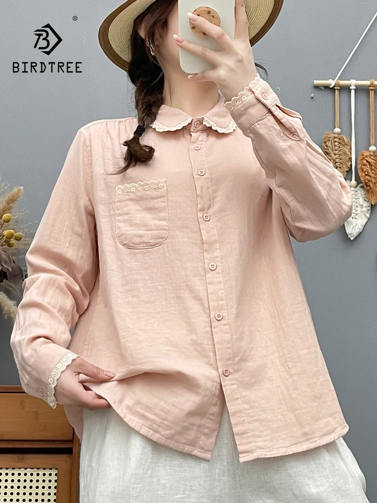 

Новая летняя женская блузка из хлопковой пряжи с длинным рукавом, отложным воротником и кружевом, в стиле Mori Girl, французская мягкая тонкая свободная блузка T64186CC