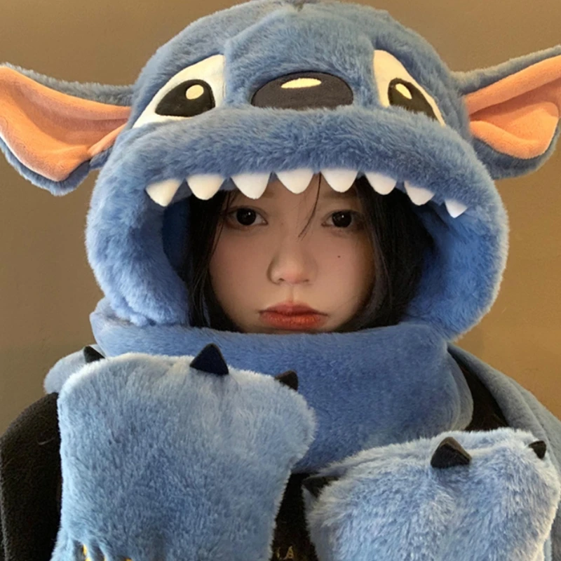 

Disney Chip Dale Stitch Fashion Scarf Hat Glove Women Plush Winter Warm Soft Thickening Pocket Warm Ear Hats Hooded Kawaii Gift
