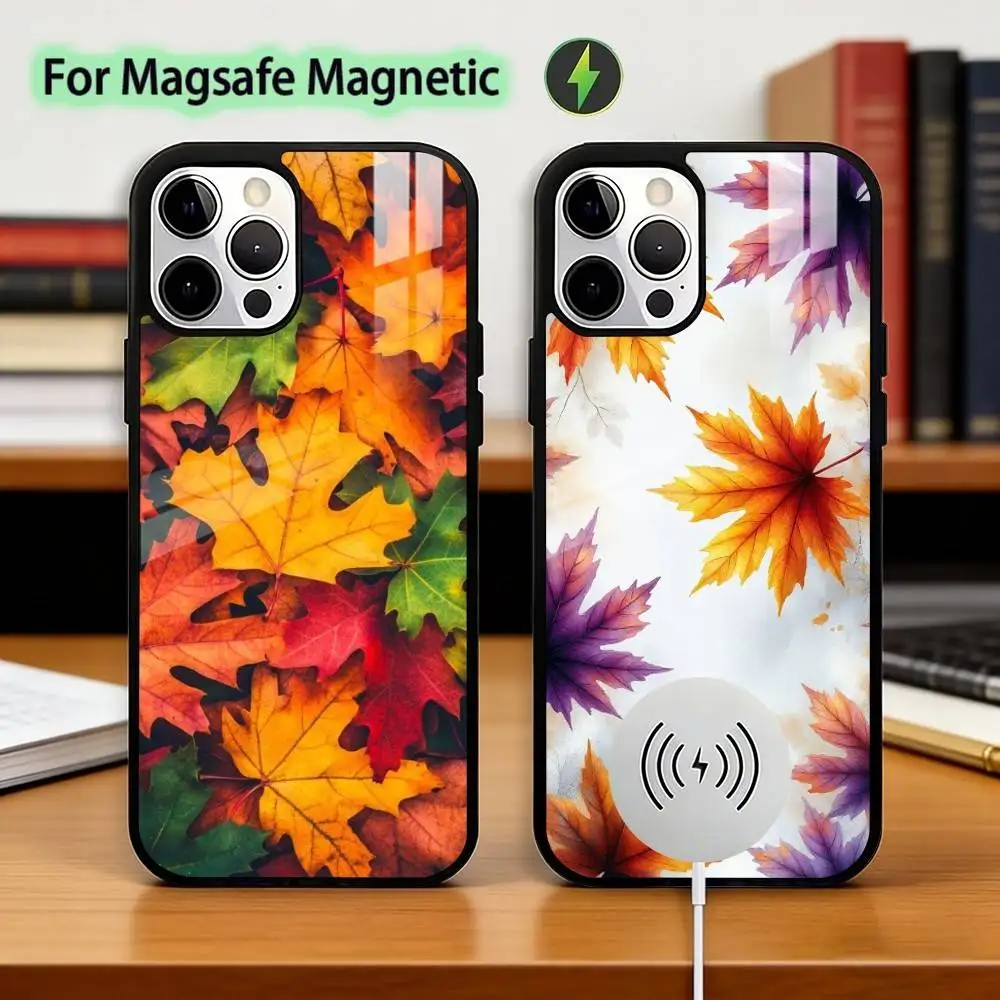 

Colorful L-Leaves Phone Case For iPhone17,16,15,14,13,12,11 Plus,Pro Magnetic For Magsafe Wireless Charging