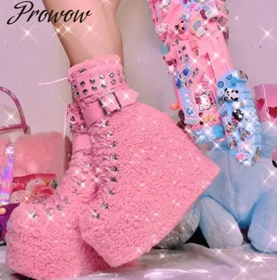 

Prowow/розовые пикантные ботильоны на танкетке с перекрестными ремешками на платформе, женские туфли с круглым носком и пряжкой и заклепками, милая обувь Zapatos Mujer