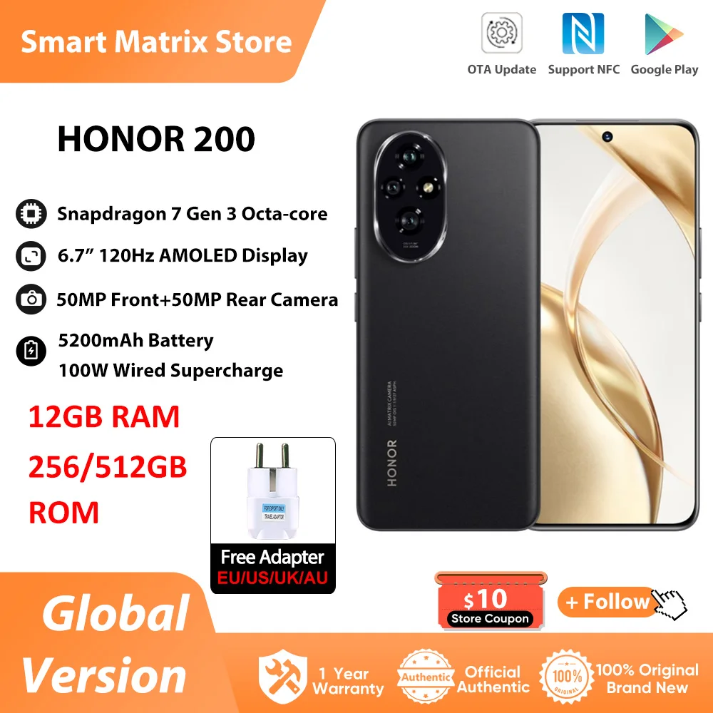 HONOR 200 Global Version 5G Smartphone 6.7'' AMOLED Display Snapdragon 7 Gen 3 Support HONOR 100W SuperCharge