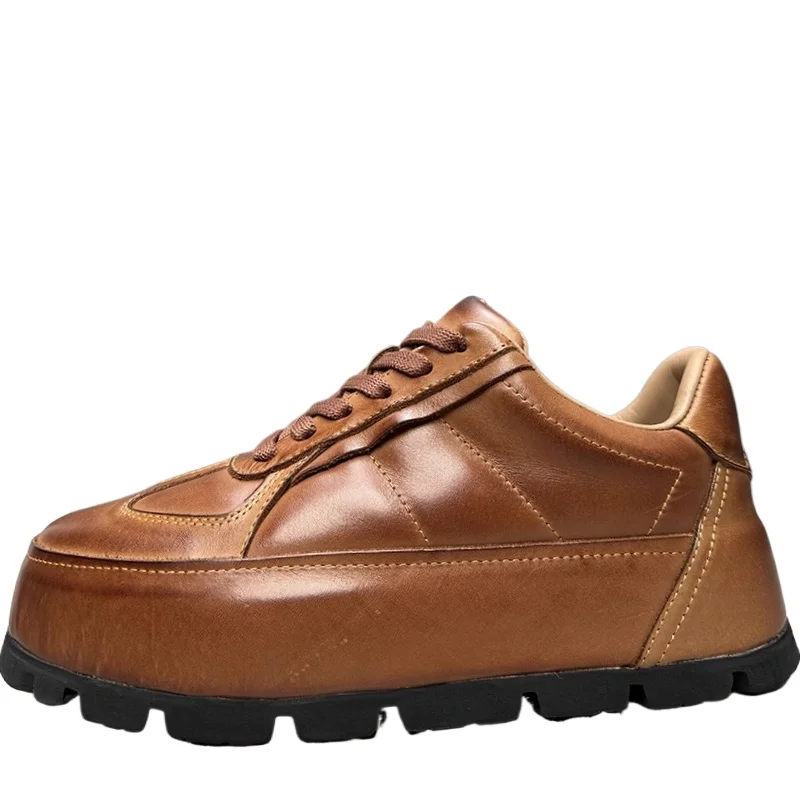 Original Design Trendy Retro Horse Skin Shoes Men's Thick Soled Height Increasing Board Shoes Horseskin Sponge Cake Bread Shoes