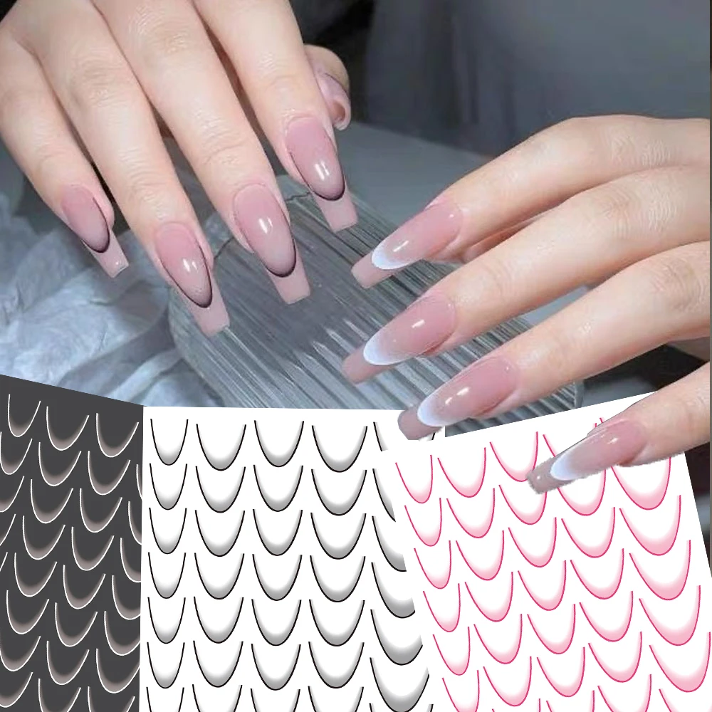 3pcs French Gradient Line Nail Art Stickers Black/White/pink Self-Adhesive Nail Slider Fashion DIY Stencil For  Manicure Guides