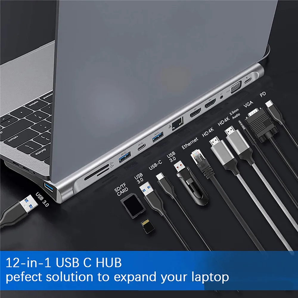 محطة إرساء USB متعددة المحاور 12 في 1 من النوع C وصلة متعددة المحور متوافقة مع HDMI RJ45 Pro قاعدة توصيل لأجهزة الكمبيوتر المحمول Macbook Mac