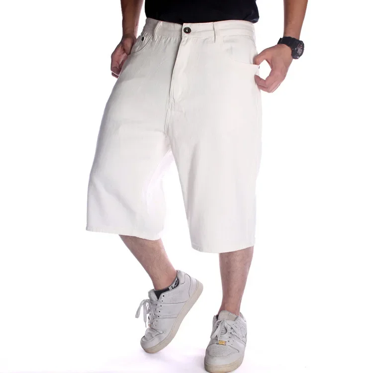 

Summer New Fashion Men's Casual Loose White Solid Wide Leg Jeans Calf Length Washed Street Dance Skateboard Hiphop Denim Shorts