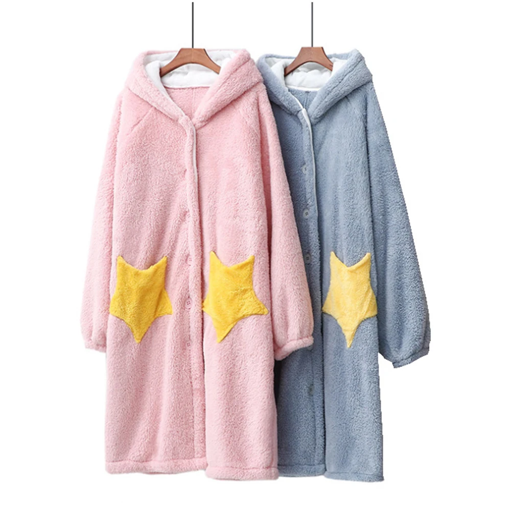 

Kawaii Long Flannel Nightdress Winter Warm Thick Bathrobe Women Girl Sleepwear Ladies Loose Plush Robe Hooded Homewear Nightgown