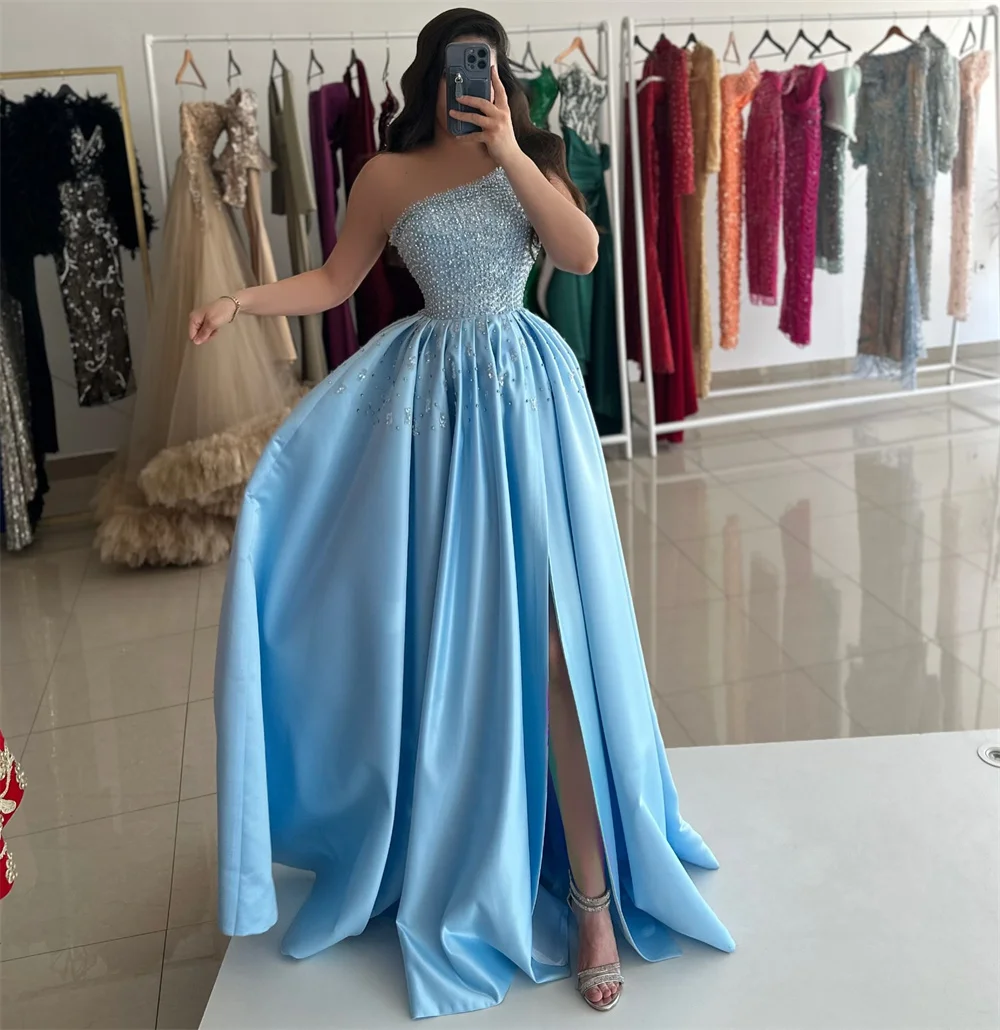 فستان ميلا أزرق على شكل حرف a لحفلات الزفاف مخصص بفتحة جانبية عالية من الساتان فساتين سهرة بكتف واحد بدون أكمام فيستدوس دي فييستا #2