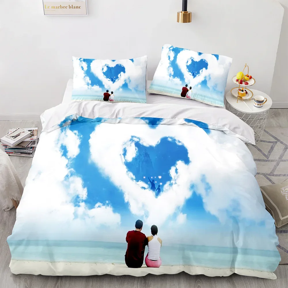 Love Duvet Cover Queen Heart Shaped Bedding Sets White Romance Polyester Comforter Cover For Women Men Boys Girls Teen King Size