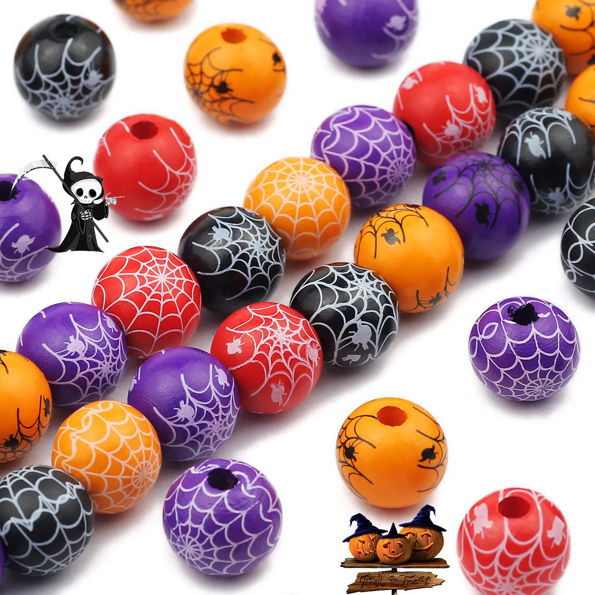 16mm 10Pcs Halloween Spider’s Web Printed Wood Beads for Making DIY Bracelets Necklaces Keychains Various Jewelry Accessories