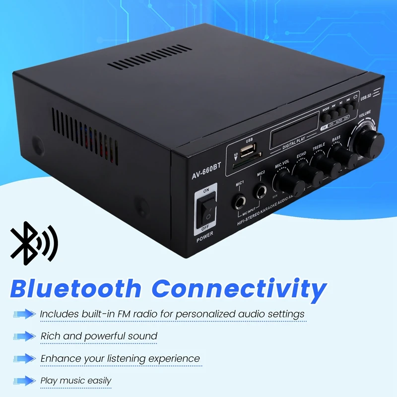 AV-660BT amplificador de som bluetooth amplificador de potência suporte bluetooth, rádio fm, usb, cartão sd e entradas de microfone duplo plugue da ue