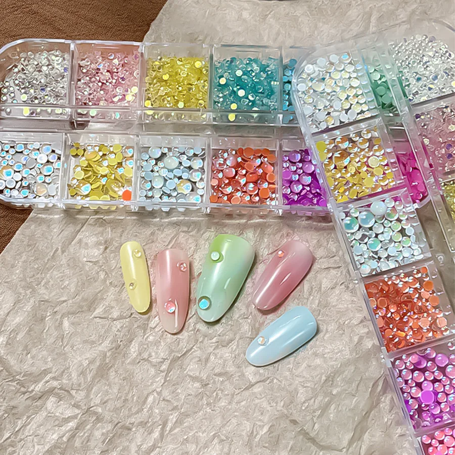 12 Gitter glitzernde Meerjungfrau-Kunststoff-Rundperlen, gemischte Größe, Macaron-Blase für DIY-Nagelkunst, Handwerk, Maniküre, Dekoration, Zubehör