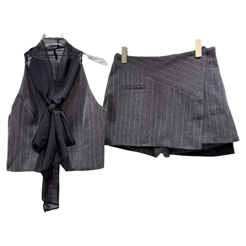 Faionable Me Netie Gestreept Vest orts Rok Pak Set Zomer Nieuwe Collectie vrouwen Franse Sle V-ne Svel Outfit