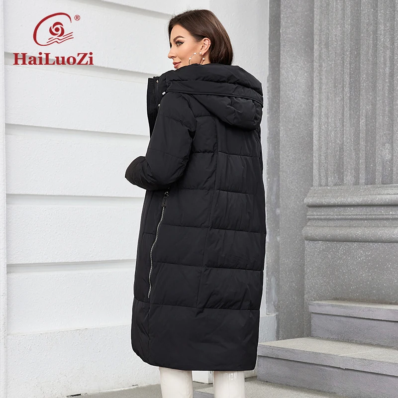 HaiLuoZi 2023 Women Winter Coat Long Thick Parkas Zip Up Warm Female Outwear Slant Pocket Drawstring Hem Women\'s Jackets 1107