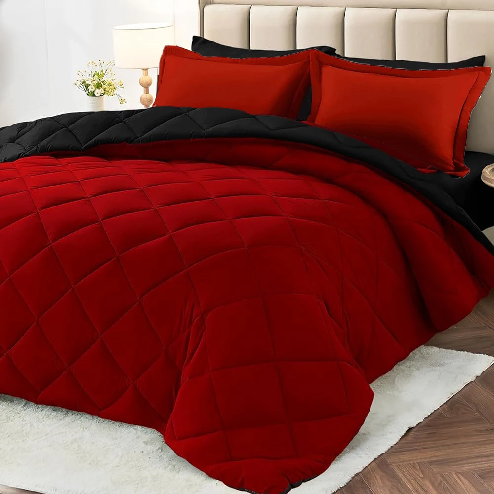 

2/3pcs Reversible Comforter Set, All Season Bedding Set with Comforter, Pillow Shams, Red & Black, Down Alternative Duvet Insert