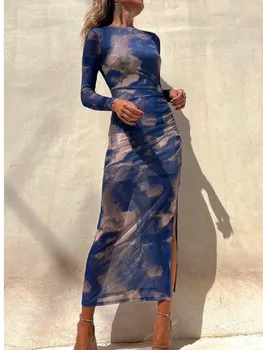 Autunno nuova maglia sexy stampata per abiti a maniche lunghe da donna semplice pizzo moda sottile elasticizzato abito da discoteca per feste femminili