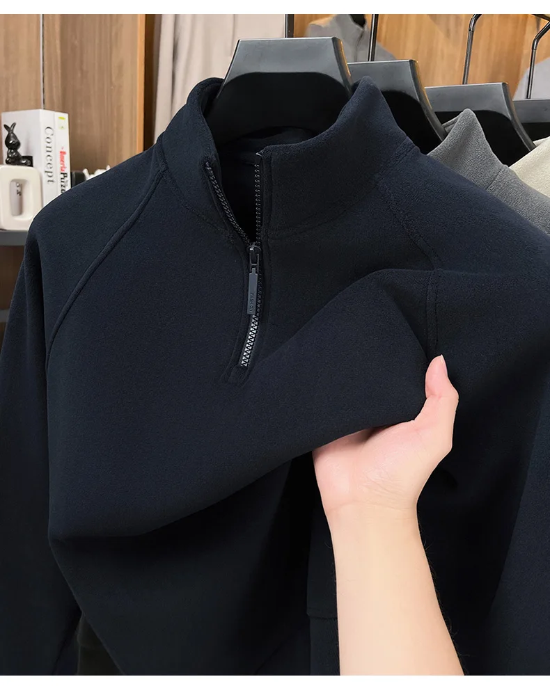 High-end Semi-high Neck Zip-Up Sweatshirt for Men Fleece-lined and Thickened 2025 New Autumn/Winter Warm Long Sleeve Top for Men
