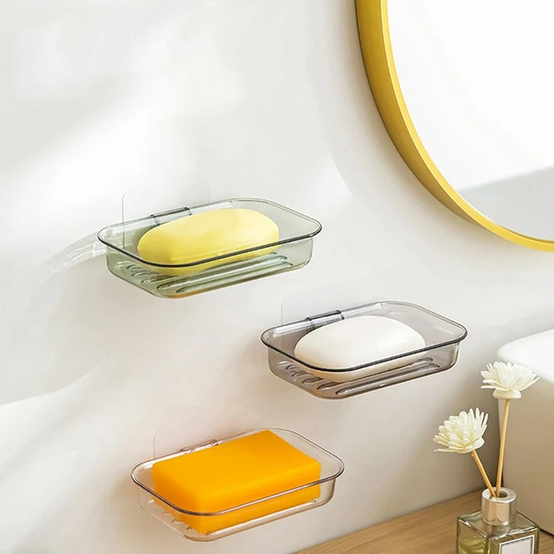 Easy Installation Soap Holder Kitchen Wall Mount Dish No Drill Modern Clear Drain Bar Shower Container C