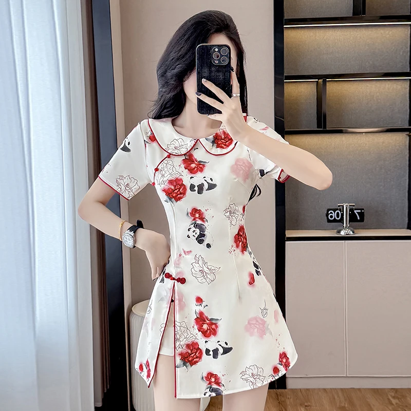 2 piece set New Chinese Style Floral Cheongsam Set - Elegant Qipao Dress & Shorts 2-Piece Outfit with Peter Pan Collar (S-2XL) view 4