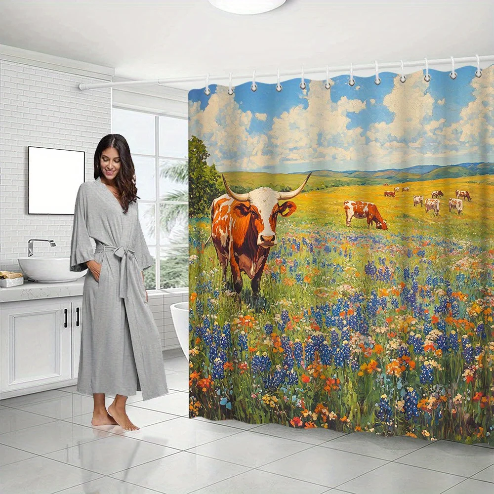 

Занавеска для душа с изображением коров – Декор в стиле фермерского дома: луг, полевые цветы и пышные холмы, 70x70 дюймов, включает крючки.