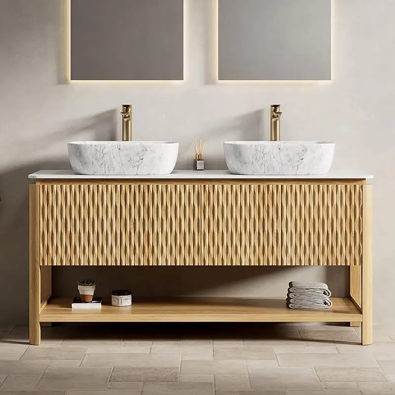 

60" Bathroom Vanity and Sink Set, Freestanding Plywood Storage Cabinet with 4 Bamboo Texture Doors and Open Shelf, 2 Marble