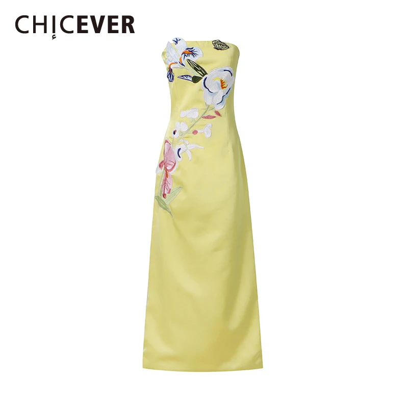 

Желтое платье CHICEVER с вышивкой, без бретелек, без рукавов, приталенное, элегантное, для интеллектуальных женщин, летняя мода