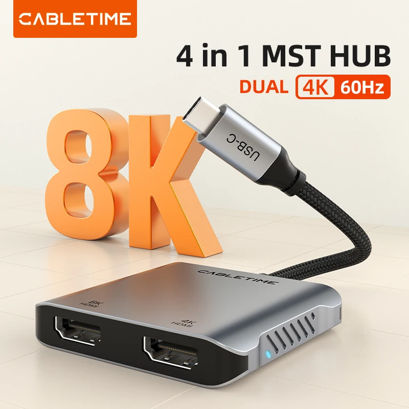 CABLETIME USB C to Dual HDMI Hub MST 8K Type C to 2HDMI Adapter Splitter Multi Stream 4K 60Hz Dual Display Dock For Mac Laptop