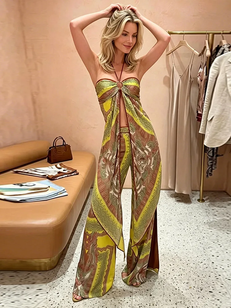 Boho Bedrucktes Westen-Hosen-Set für Damen, Neckholder, ärmellose, rückenfreie Oberteile, weite Hosen, Sommer 2026, Strand- und Urlaubsoutfits für Damen