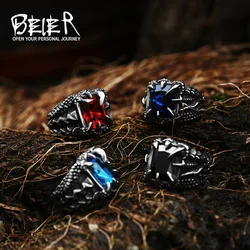 Beier 316L Stainless Steel Norse Viking Battle Axe Blue/Black/Green/Red Zircon Big Stone Classic Claw Punk  Ring Jewelry LR058