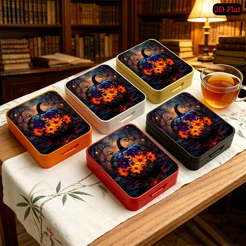 Halloween Pumpkin Theme Flip Top Square Tin Box Thickened Tin Portable Travel Desktop Jewelry Storage Box, 2D Flat