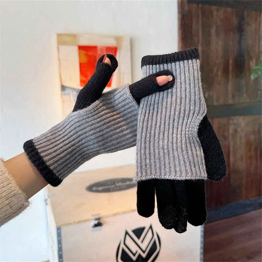 Unisex Outdoor Long Split Finger Gloves Winter Warm Thicked Knit Sleeves Cover Various Way Wear Fingertip Touch Screen Mittens