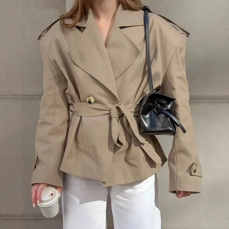 

Women's Lace-up Cropped Trench Coat Chic Collar Long Sleeves Lapel Wide Shoulder Windbreaker Jacket Fall Commuting Daily Jackets