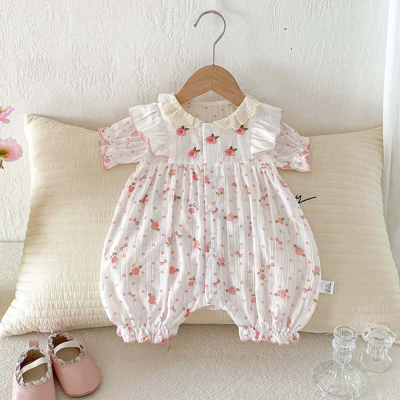 

Новый летний комбинезон для малышей 2026 года, с коротким рукавом, из хлопка, с принтом, для новорожденных девочек, 0-24 месяца, детская одежда