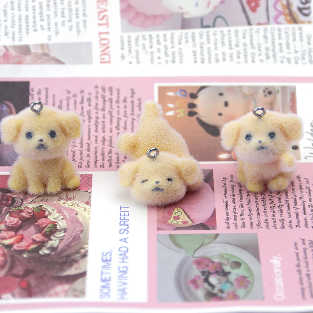 20Pcs 3D Resin Flocking Puppy Charms Plush Dolls Dog Pendant for Necklace Earrings Keychain Making DIY Jewelry Accessories