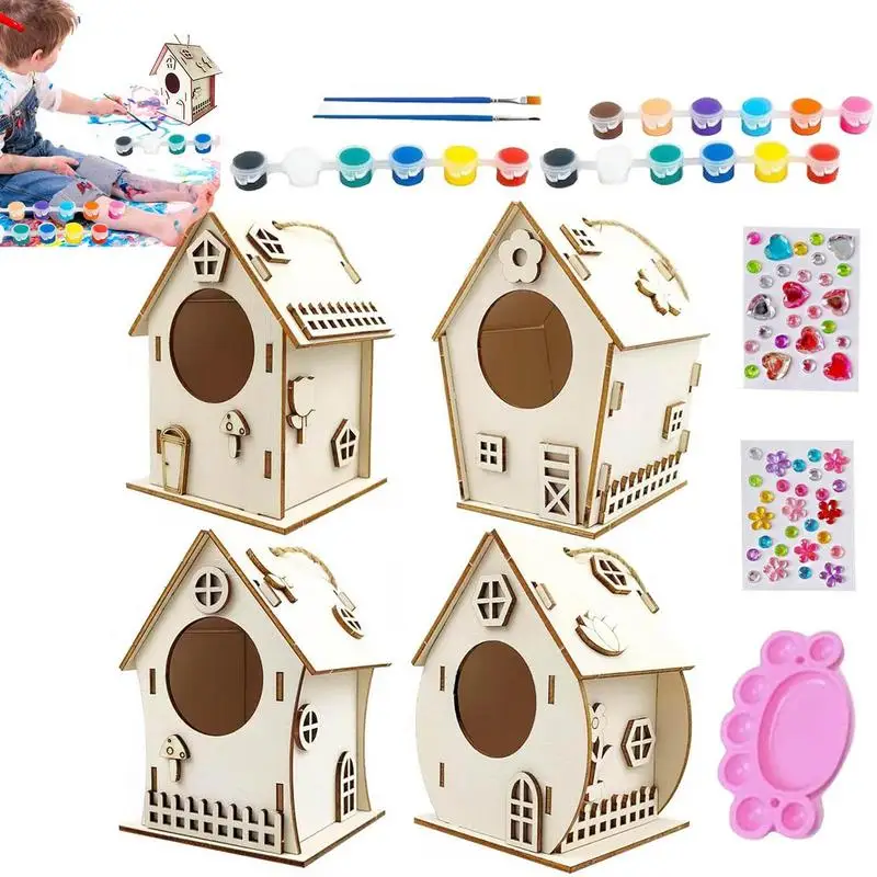 

Wooden Bird House Kit Unfinished Bird Houses For Crafting Rope Fixing Feature Bird House Construction With Paint Brush Palette
