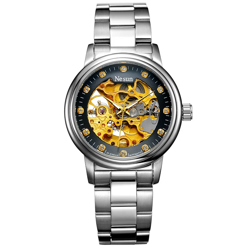 NESUN Men's Automatic Mechanical Watch Switzerland Luxury Dual Skeleton Design Luminous Hands Rhinestone Detail Waterproof N9015