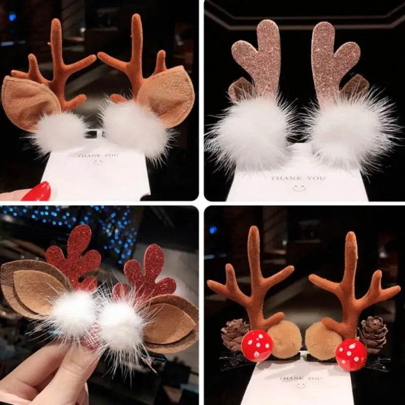 For Girls Cute Deer Ear Hairpins Kids Christmas Party Barrettes For Kids Cosplay Headwear Hair Accessories 2pcs/set Hair Clips